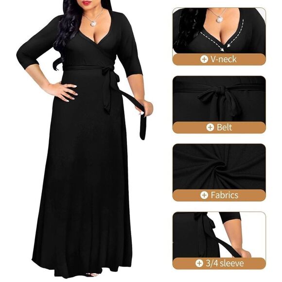 NEW Maxi Dress Deep V Neck 3/4 Sleeves Plus Size Pockets NO BELT 2X - Picture 4 of 6